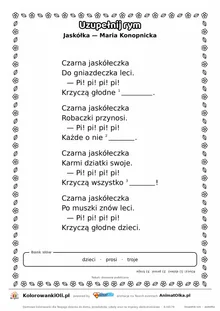 Uzupełnij rym — Jaskółka (Maria Konopnicka): karta pracy z lukami w rymach, A4