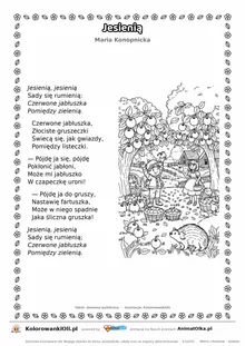 Jesienią (Maria Konopnicka) — tekst wiersza i ilustracja do kolorowania, karta A4 do druku