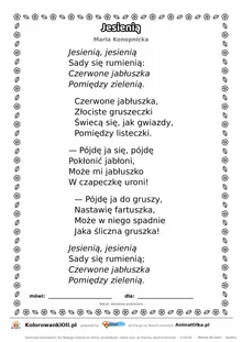 Jesienią (Maria Konopnicka) — tekst wiersza do druku A4 z ramką do pokolorowania