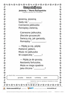 Uzupełnij rym — Jesienią (Maria Konopnicka): karta pracy z lukami w rymach, A4