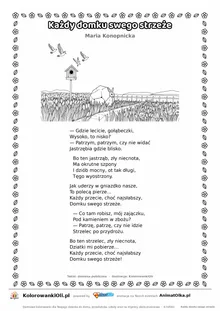 Każdy domku swego strzeże (Maria Konopnicka) — tekst wiersza i ilustracja do kolorowania, karta A4 do druku
