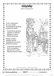 Kolędnicy (Maria Konopnicka) — tekst wiersza i ilustracja do kolorowania, karta A4 do druku