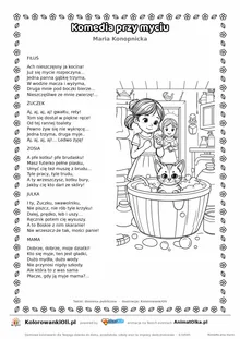 Komedia przy myciu (Maria Konopnicka) — tekst wiersza i ilustracja do kolorowania, karta A4 do druku