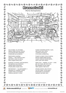 Krasnoludki (Maria Konopnicka) — tekst wiersza i ilustracja do kolorowania, karta A4 do druku