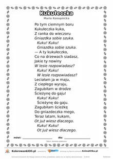 Kukułeczka (Maria Konopnicka) — tekst wiersza do druku A4 z ramką do pokolorowania