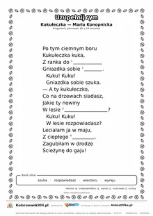 Uzupełnij rym — Kukułeczka (Maria Konopnicka): karta pracy z lukami w rymach, A4