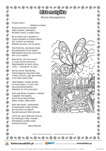 List motylka (Maria Konopnicka) — tekst wiersza i ilustracja do kolorowania, karta A4 do druku