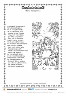 Magdusia i pieski (Maria Konopnicka) — tekst wiersza i ilustracja do kolorowania, karta A4 do druku