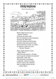 Mały trębacz (Maria Konopnicka) — tekst wiersza i ilustracja do kolorowania, karta A4 do druku