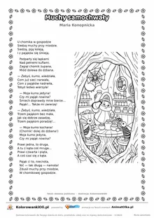 Muchy samochwały (Maria Konopnicka) — tekst wiersza i ilustracja do kolorowania, karta A4 do druku