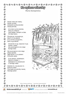 Na opiece wierzby (Maria Konopnicka) — tekst wiersza i ilustracja do kolorowania, karta A4 do druku