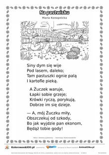Na pastwisku (Maria Konopnicka) — tekst wiersza i ilustracja do kolorowania, karta A4 do druku