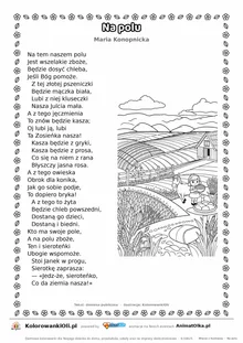 Na polu (Maria Konopnicka) — tekst wiersza i ilustracja do kolorowania, karta A4 do druku