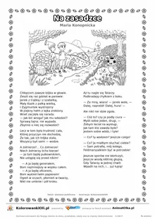 Na zasadzce (Maria Konopnicka) — tekst wiersza i ilustracja do kolorowania, karta A4 do druku