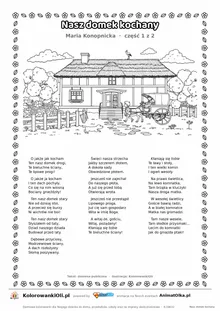Nasz domek kochany (Maria Konopnicka) — tekst wiersza i ilustracja do kolorowania (część 1 z 2), karta A4 do druku