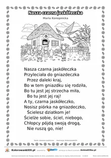 Nasza czarna jaskółeczka (Maria Konopnicka) — tekst wiersza i ilustracja do kolorowania, karta A4 do druku