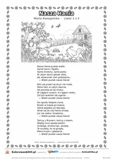 Nasza Hania (Maria Konopnicka) — tekst wiersza i ilustracja do kolorowania (część 1 z 2), karta A4 do druku