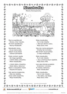 Niezabudka (Maria Konopnicka) — tekst wiersza i ilustracja do kolorowania, karta A4 do druku