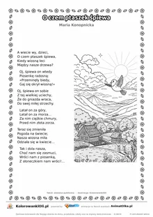 O czem ptaszek śpiewa (Maria Konopnicka) — tekst wiersza i ilustracja do kolorowania, karta A4 do druku