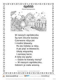 Ogródek (Maria Konopnicka) — tekst wiersza i ilustracja do kolorowania, karta A4 do druku