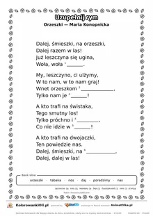 Uzupełnij rym — Orzeszki (Maria Konopnicka): karta pracy z lukami w rymach, A4