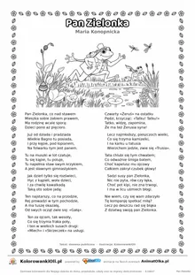 Pan Zielonka (Maria Konopnicka) — tekst wiersza i ilustracja do kolorowania, karta A4 do druku