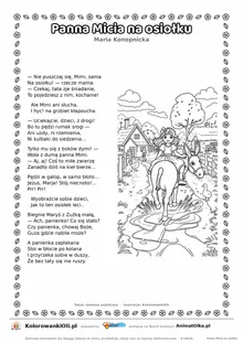 Panna Micia na osiołku (Maria Konopnicka) — tekst wiersza i ilustracja do kolorowania, karta A4 do druku