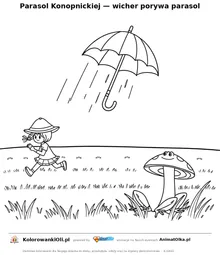 Parasol Konopnickiej — wicher porywa parasol — kolorowanka do wiersza, do wydruku