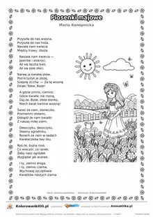 Piosenki majowe (Maria Konopnicka) — tekst wiersza i ilustracja do kolorowania, karta A4 do druku