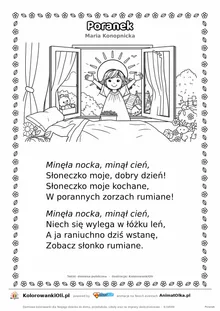 Poranek (Maria Konopnicka) — tekst wiersza i ilustracja do kolorowania, karta A4 do druku