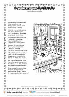 Powinszowanie Lizusia (Maria Konopnicka) — tekst wiersza i ilustracja do kolorowania, karta A4 do druku