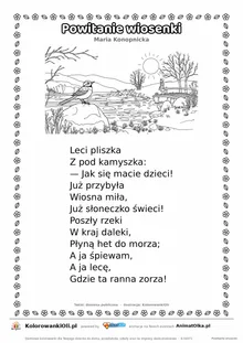 Powitanie wiosenki (Maria Konopnicka) — tekst wiersza i ilustracja do kolorowania, karta A4 do druku