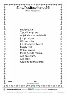 Powitanie wiosenki (Maria Konopnicka) — tekst wiersza do druku A4 z ramką do pokolorowania