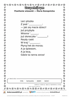 Uzupełnij rym — Powitanie wiosenki (Maria Konopnicka): karta pracy z lukami w rymach, A4