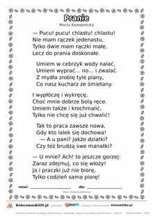 Pranie (Maria Konopnicka) — tekst wiersza do druku A4 z ramką do pokolorowania