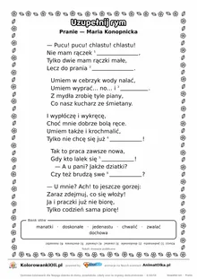 Uzupełnij rym — Pranie (Maria Konopnicka): karta pracy z lukami w rymach, A4