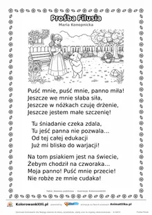 Prośba Filusia (Maria Konopnicka) — tekst wiersza i ilustracja do kolorowania, karta A4 do druku