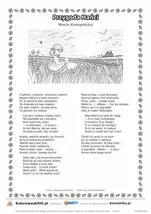 Przygoda Mańci (Maria Konopnicka) — tekst wiersza i ilustracja do kolorowania, karta A4 do druku