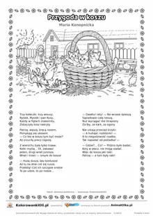 Przygoda w koszu (Maria Konopnicka) — tekst wiersza i ilustracja do kolorowania, karta A4 do druku