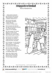 Przygoda w kuchni (Maria Konopnicka) — tekst wiersza i ilustracja do kolorowania, karta A4 do druku