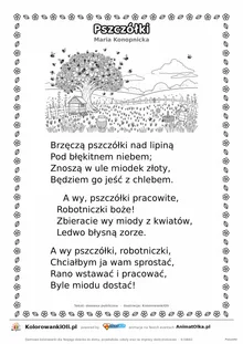 Pszczółki (Maria Konopnicka) — tekst wiersza i ilustracja do kolorowania, karta A4 do druku