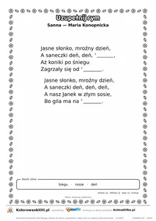 Uzupełnij rym — Sanna (Maria Konopnicka): karta pracy z lukami w rymach, A4