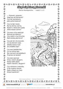 Skąd się biorą piosenki (Maria Konopnicka) — tekst wiersza i ilustracja do kolorowania (część 1 z 2), karta A4 do druku