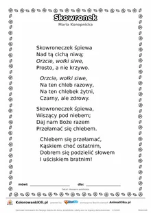 Skowronek (Maria Konopnicka) — tekst wiersza do druku A4 z ramką do pokolorowania