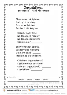 Uzupełnij rym — Skowronek (Maria Konopnicka): karta pracy z lukami w rymach, A4