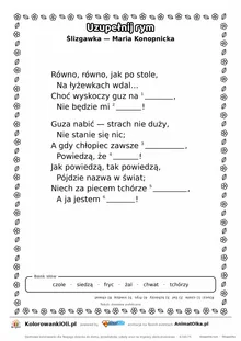 Uzupełnij rym — Ślizgawka (Maria Konopnicka): karta pracy z lukami w rymach, A4