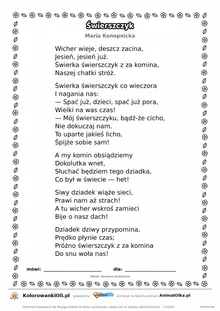 Świerszczyk (Maria Konopnicka) — tekst wiersza do druku A4 z ramką do pokolorowania