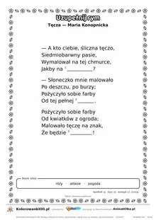 Uzupełnij rym — Tęcza (Maria Konopnicka): karta pracy z lukami w rymach, A4