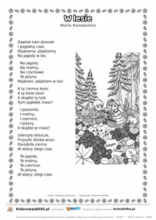 W lesie (Maria Konopnicka) — tekst wiersza i ilustracja do kolorowania, karta A4 do druku