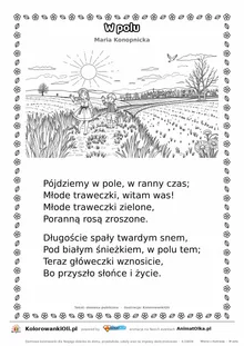W polu (Maria Konopnicka) — tekst wiersza i ilustracja do kolorowania, karta A4 do druku